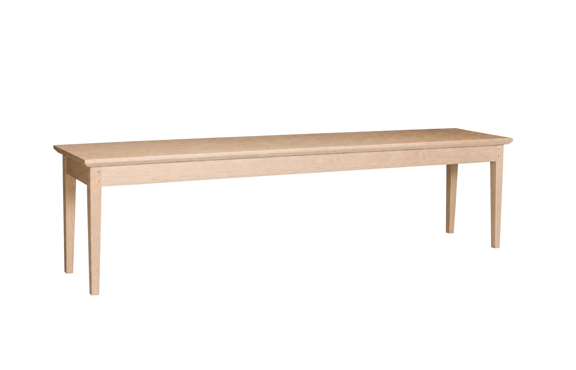 A long rectangular wooden bench with four legs, shown from a three-quarter angle on a solid white background.