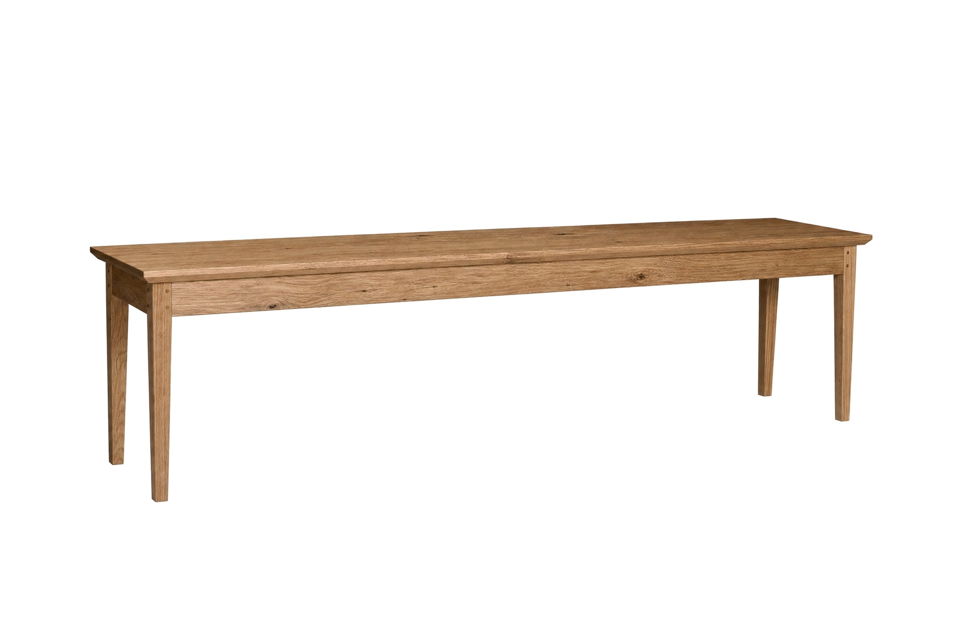 A long rectangular wooden bench with four legs, shown from a three-quarter angle on a solid white background.