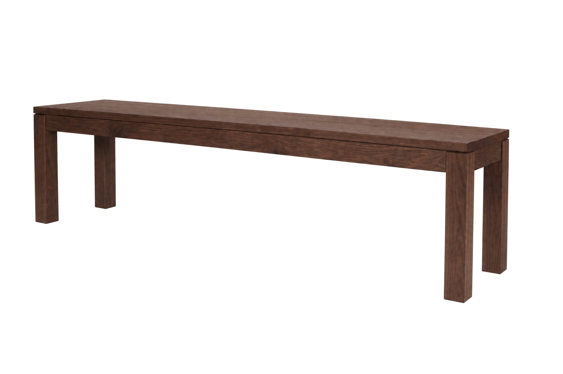 A dark brown wooden bench with a rectangular seat and four sturdy legs, shown from a three-quarters angle on a solid white background.