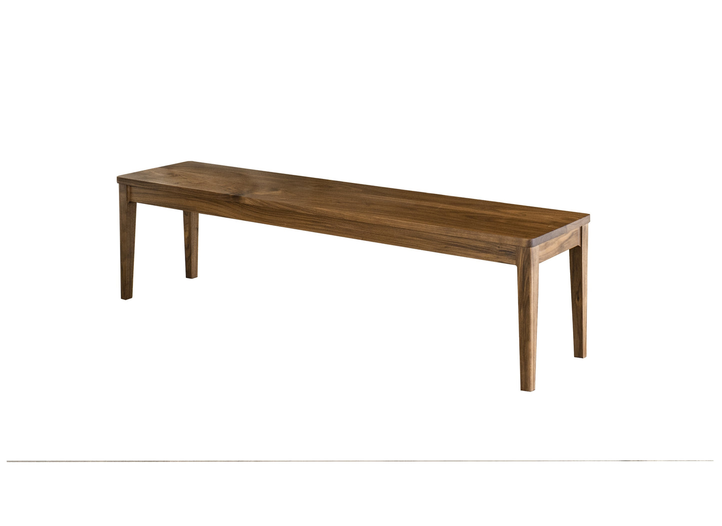 A long rectangular wooden bench with four legs, shown from a three-quarters angle on a plain white background.
