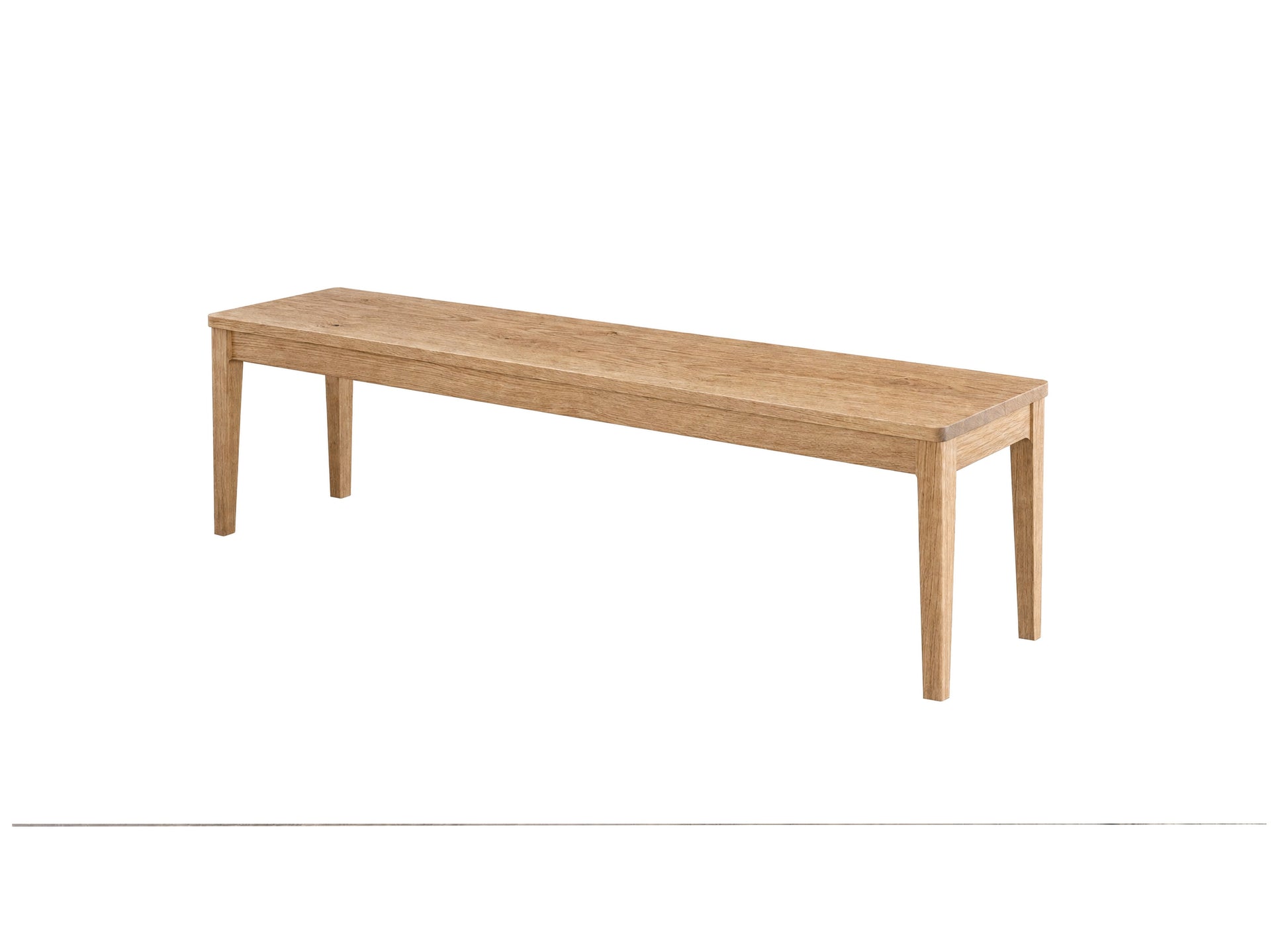 A light natural oak wood bench with a rectangular seat and four tapered legs, shown from a three-quarters perspective on a solid white background.