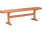 A rectangular wooden bench with a warm medium-brown finish, featuring a thick top, a central support beam, and angled legs with footrests, isolated on a white background.