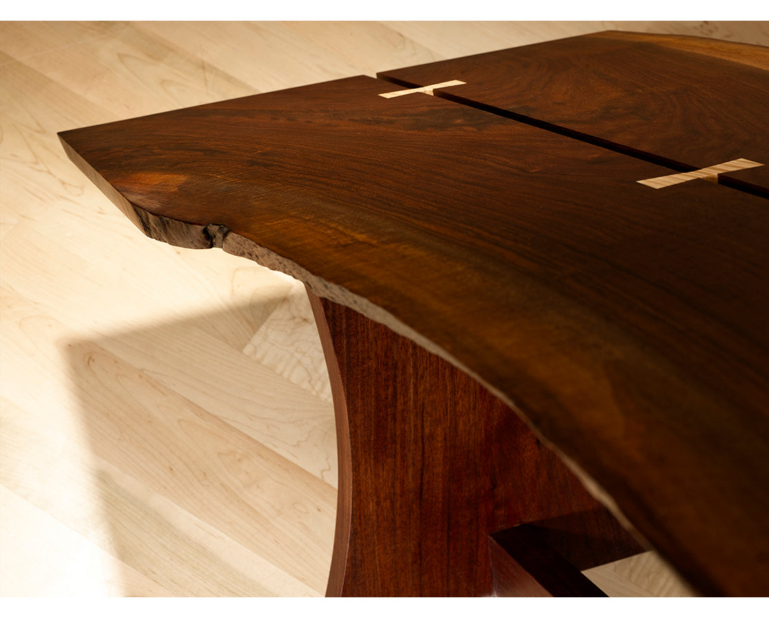 Live Edge Butterfly Coffee Table Detail in Western Walnut with Curly Maple