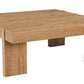 A square wooden table with thick block legs and a visible wood grain, shown on a plain white background.
