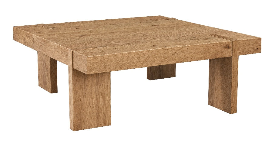 A square wooden table with thick block legs and a visible wood grain, shown on a plain white background.