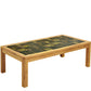 Wooden coffee table with a checkered green and brown top on a white background