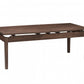 A dark brown wooden rectangular table with a slatted lower support rail and four straight legs, shown on a plain white background.