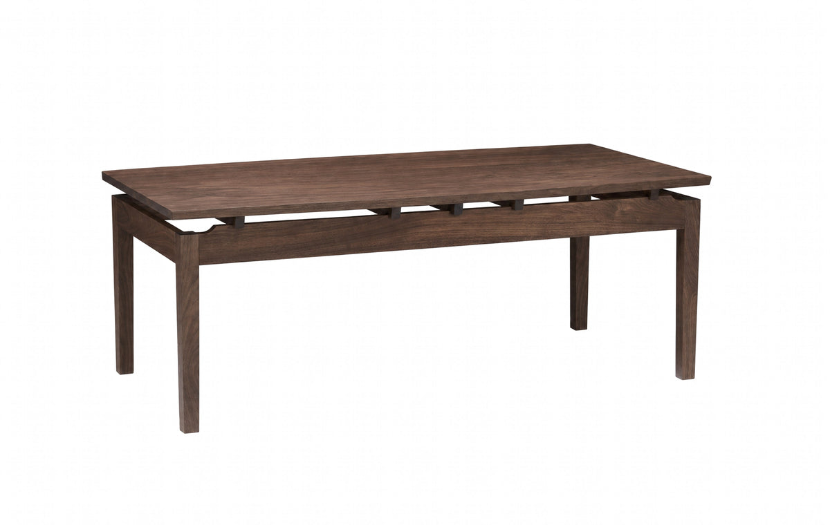 A dark brown wooden rectangular table with a slatted lower support rail and four straight legs, shown on a plain white background.
