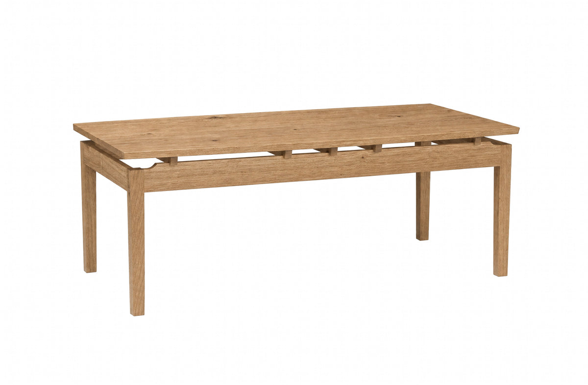 A light oak wood rectangular coffee table with a slatted lower rail and four straight legs, shown on a plain white background.