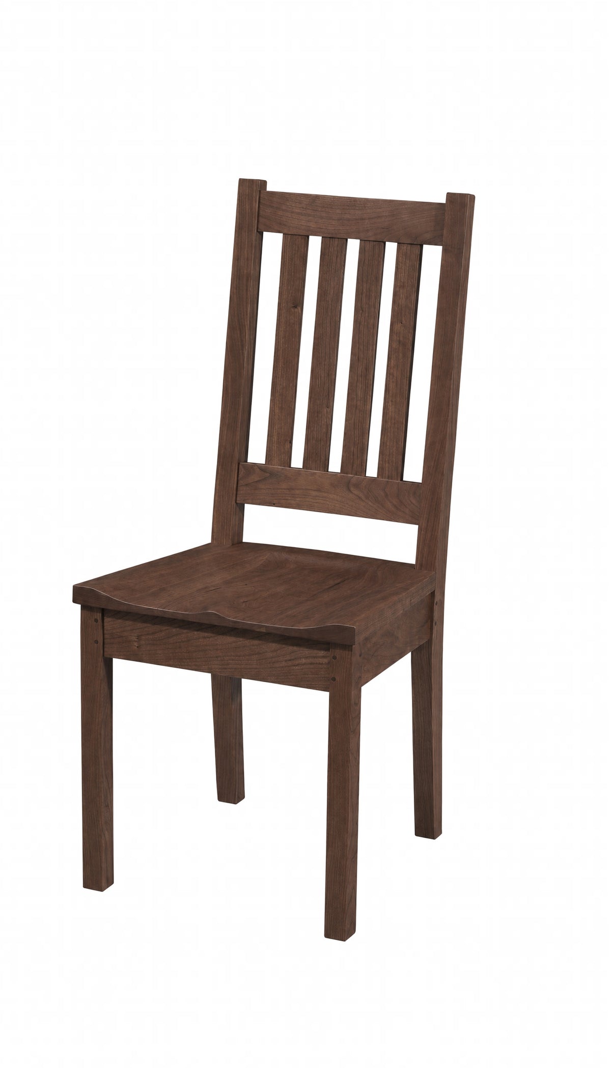A dark brown wooden dining chair with a slatted backrest and a small drawer on the front apron, shown against a plain white background.
