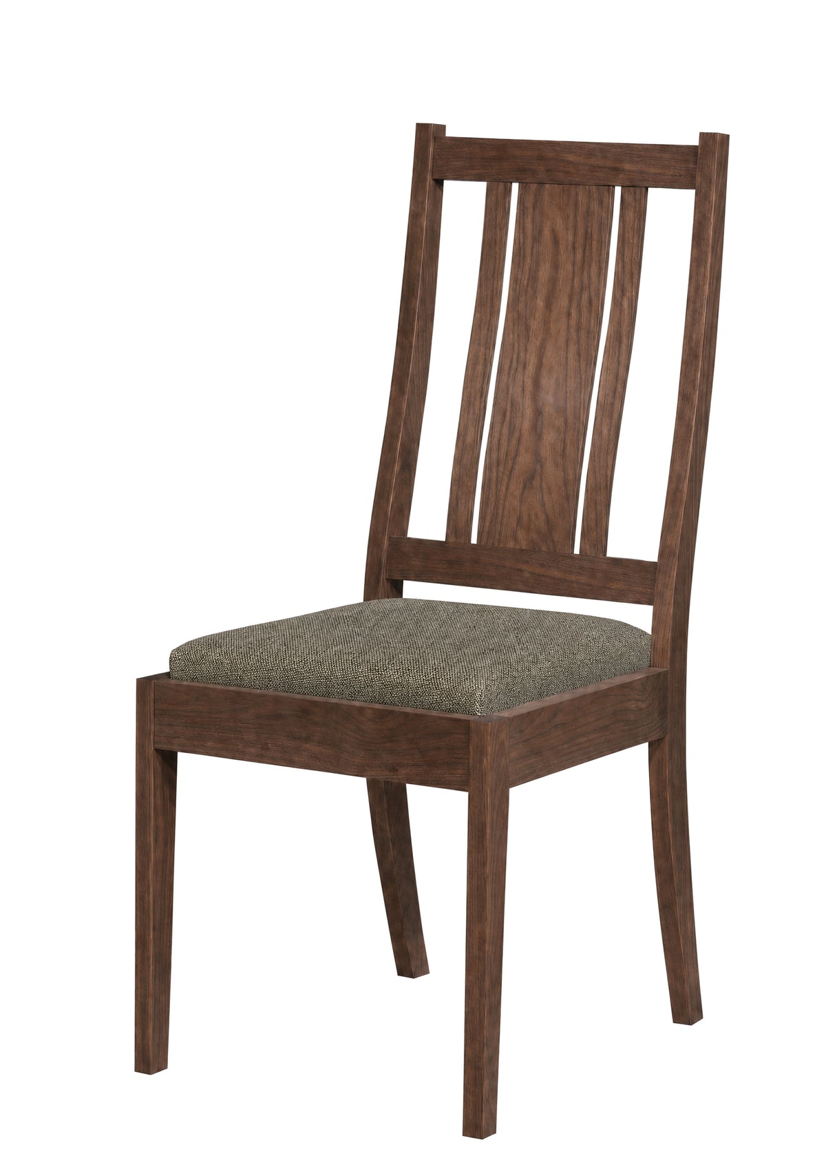 A wooden dining chair with a dark brown wood frame and a textured gray upholstered seat cushion, shown against a plain white background.