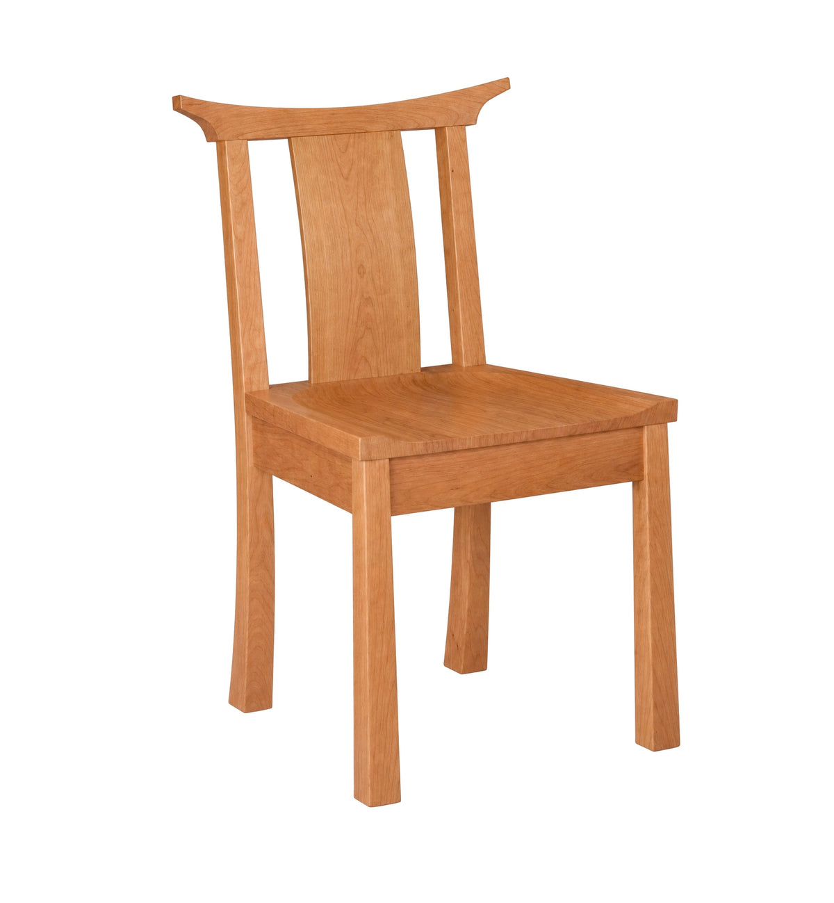 A light brown wooden dining chair with a curved backrest and four legs, shown on a solid white background.