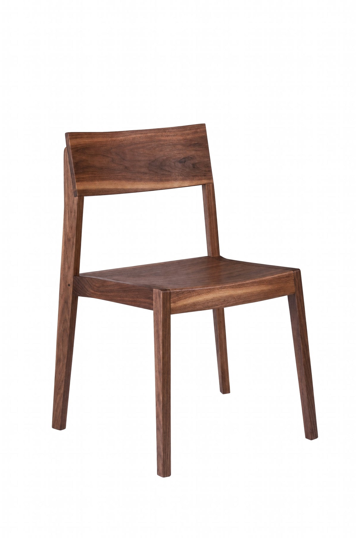 A modern wooden dining chair with a warm medium-brown finish, featuring a rectangular backrest and tapered legs, shown against a plain white background.