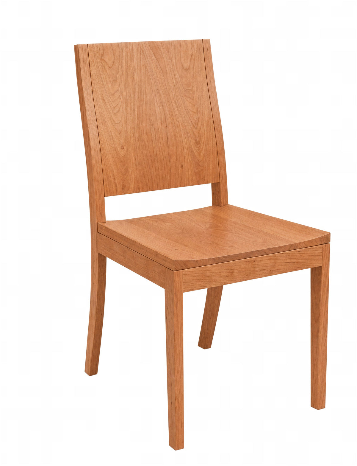 A modern wooden dining chair with a warm honey-oak finish, featuring a tall backrest, square seat, and tapered legs, shown against a plain white background.