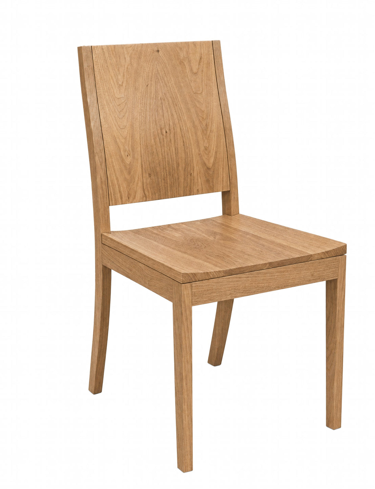 A light oak wood dining chair with a rectangular seat, a tall slatted backrest, and tapered legs, shown against a plain white background.