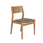 A mid-century modern wooden dining chair with a natural oak frame and a textured gray fabric seat cushion, shown against a plain white background.