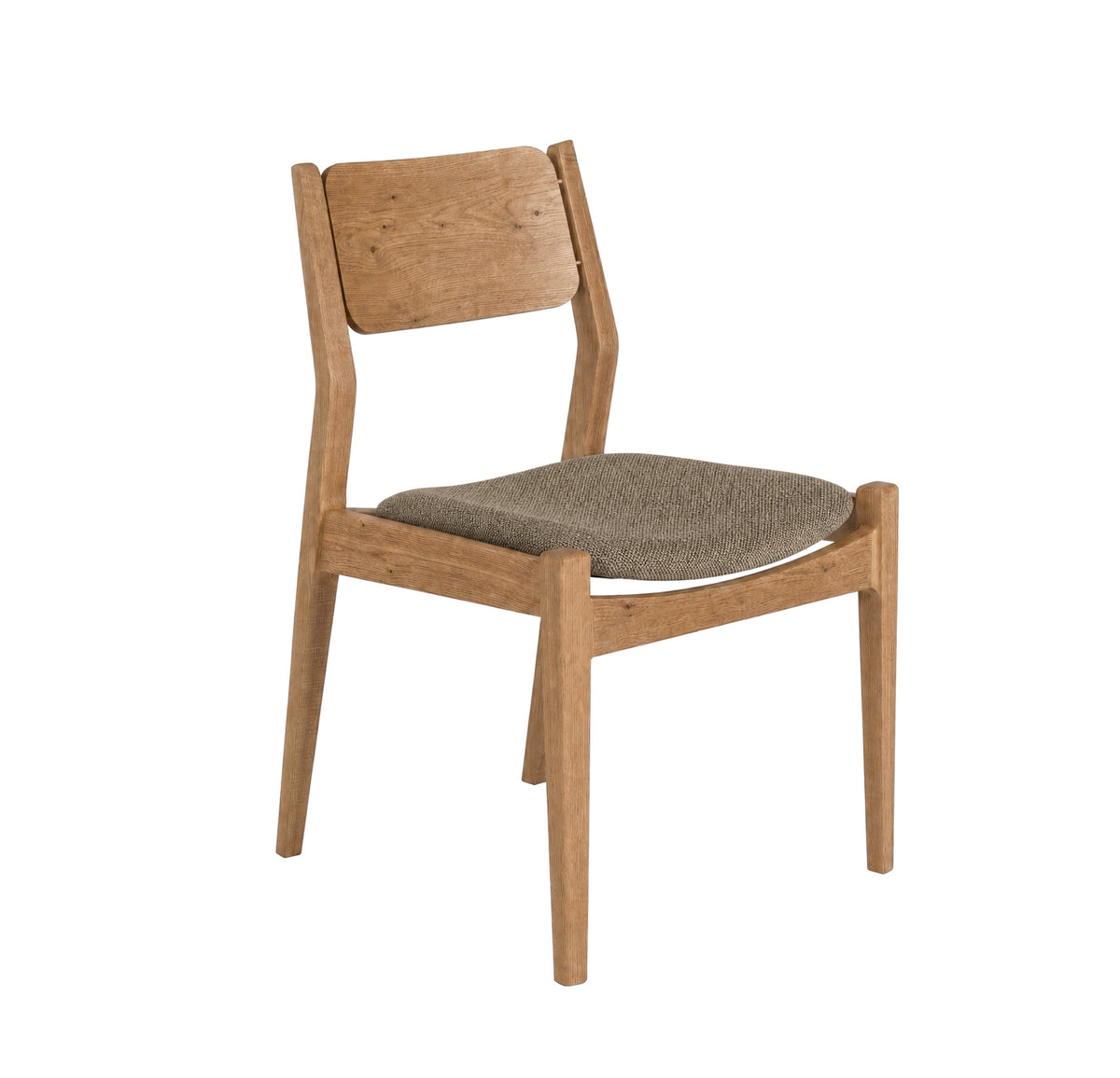 A mid-century modern wooden dining chair with a natural oak frame and a textured gray fabric seat cushion, shown against a plain white background.