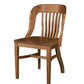 A wooden dining chair with a slatted backrest and curved arms, shown on a plain white background.