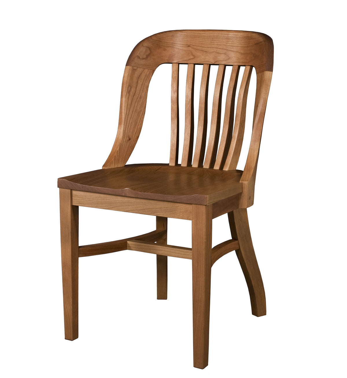 A wooden dining chair with a slatted backrest and curved arms, shown on a plain white background.