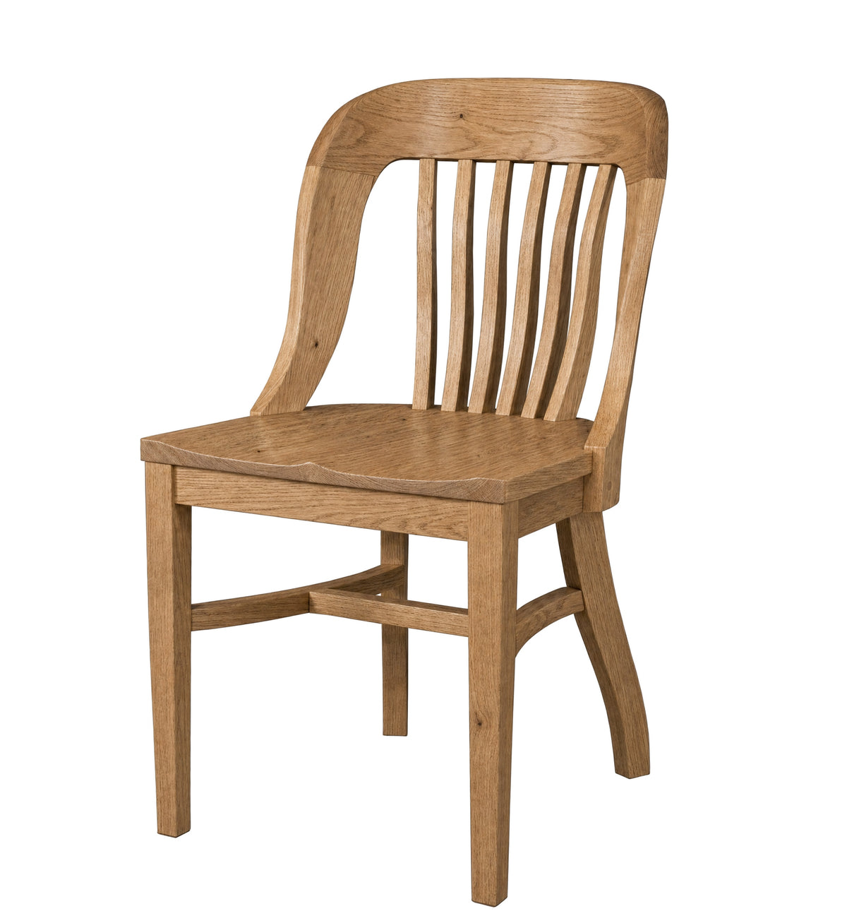 A single wooden dining chair with a slatted backrest and a curved seat, shown on a plain white background.