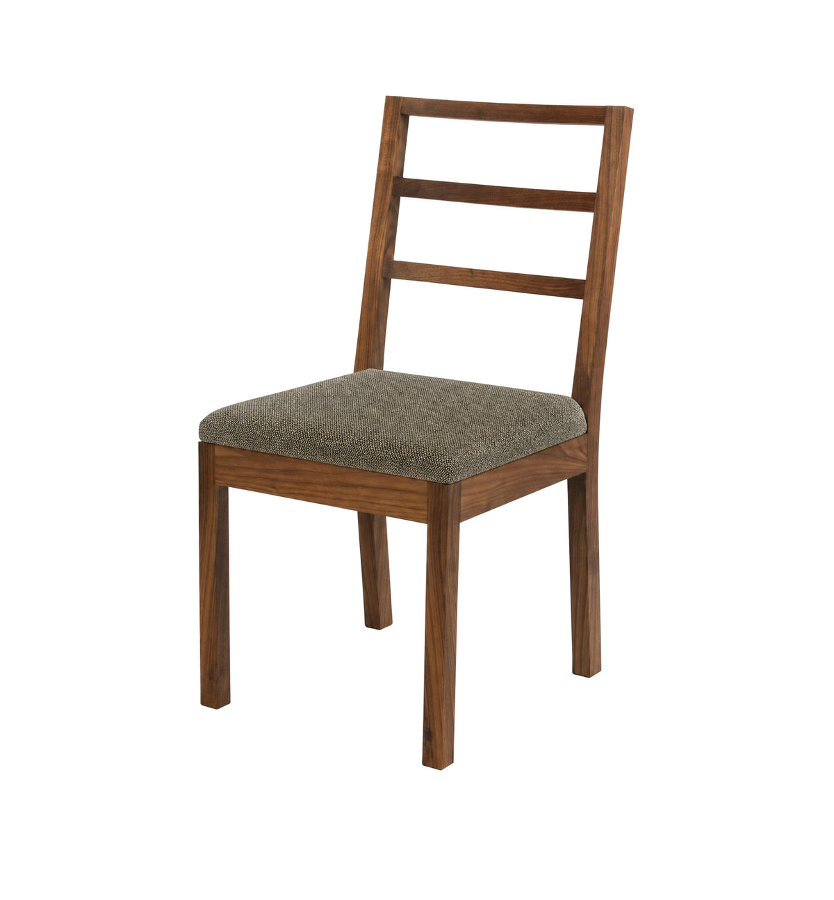 A wooden dining chair with a medium brown wood frame and a textured gray upholstered seat cushion, shown against a plain white background.