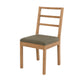 A wooden dining chair with a natural oak frame and a textured olive green upholstered seat cushion, shown against a plain white background.