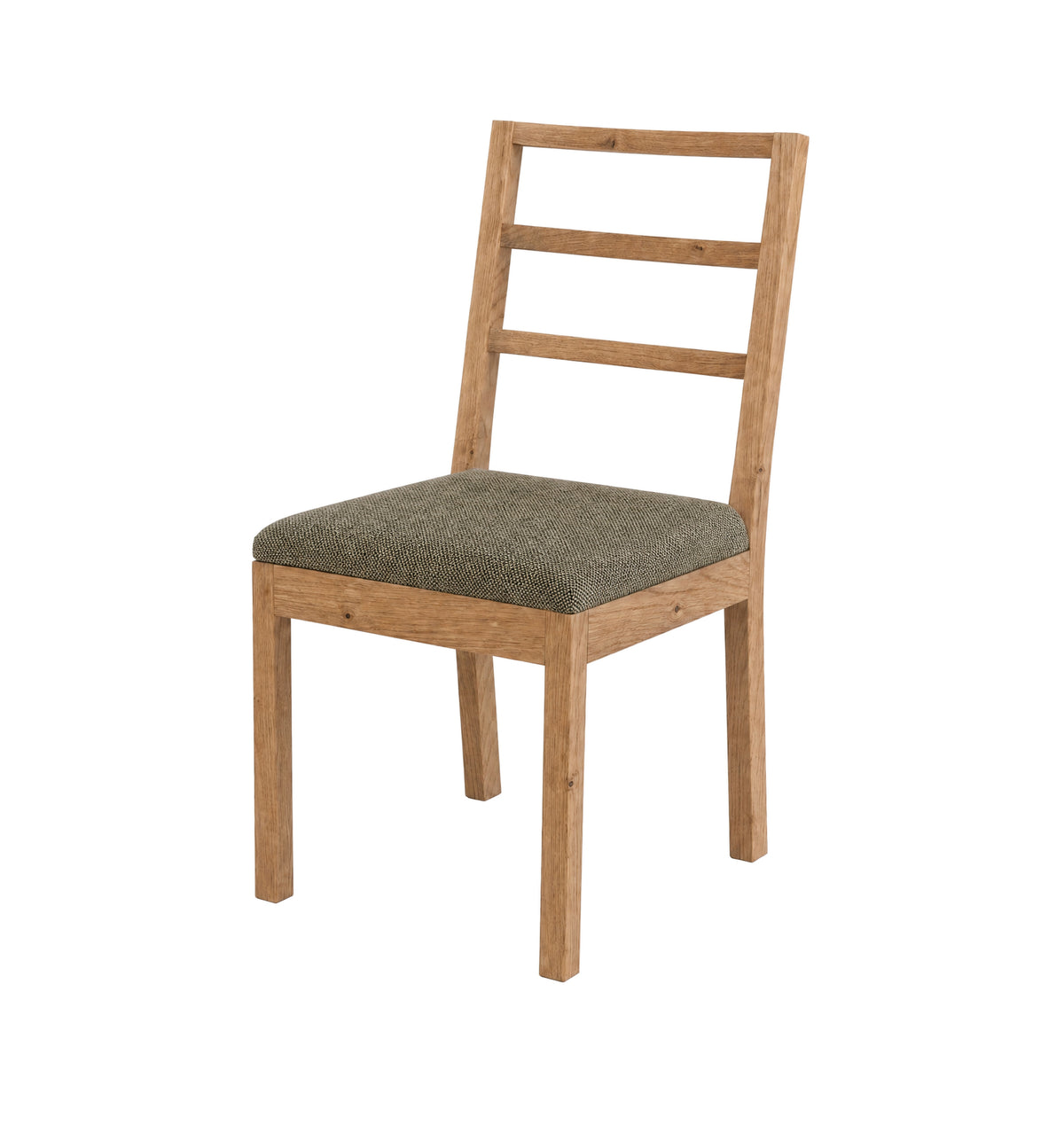 A wooden dining chair with a natural oak frame and a textured olive green upholstered seat cushion, shown against a plain white background.