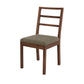 A wooden dining chair with a medium brown frame and a textured gray upholstered seat cushion, shown against a plain white background.