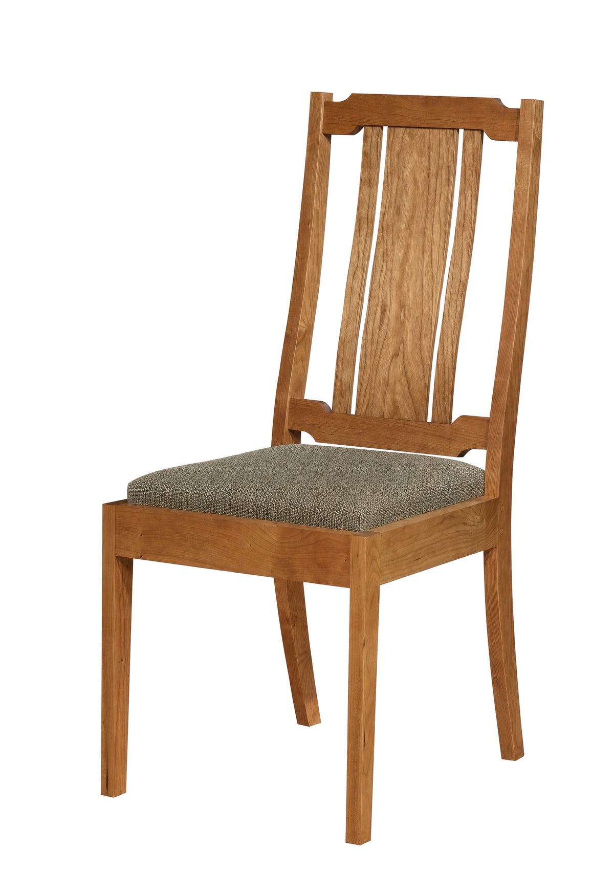 A wooden dining chair with a warm medium-brown wood frame and a textured gray upholstered seat cushion, shown against a plain white background.