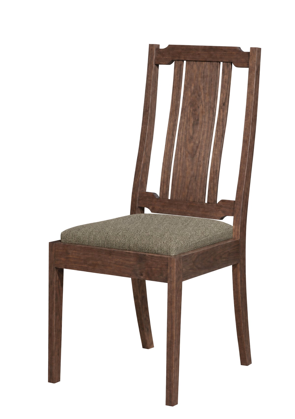 A wooden dining chair with a dark brown wood frame and a textured gray upholstered seat cushion, shown against a plain white background.