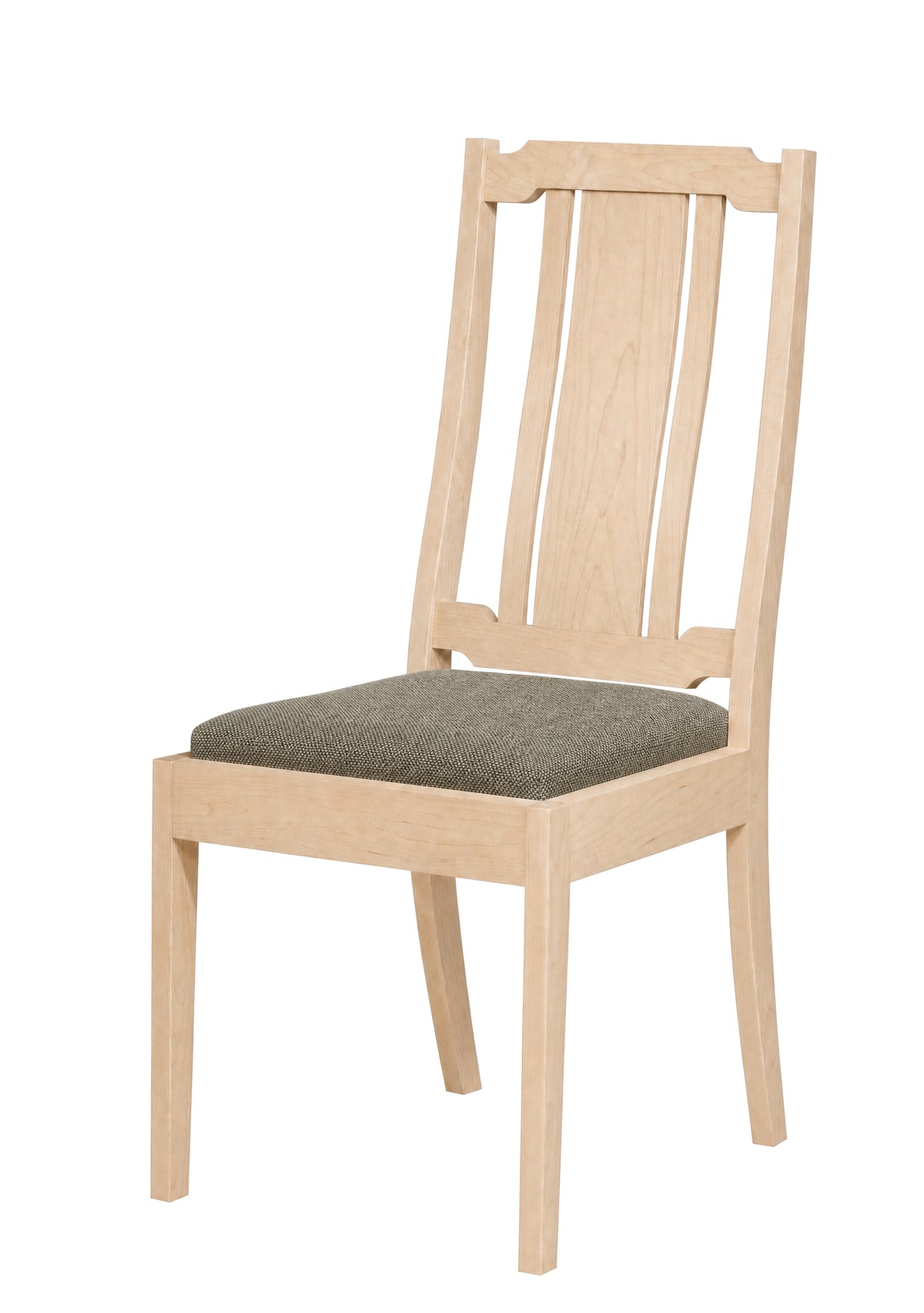 A light natural wood dining chair with a slatted backrest and a textured gray-green upholstered seat cushion, shown against a plain white background.
