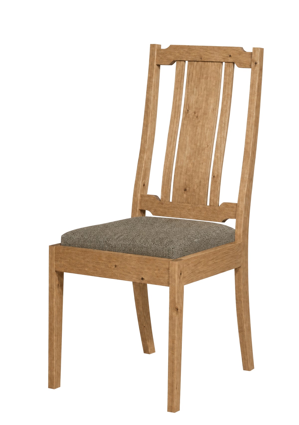 A wooden dining chair with a natural oak finish and a textured gray upholstered seat cushion, shown against a plain white background.