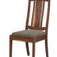 A wooden dining chair with a tall slatted backrest and a textured gray upholstered seat, shown on a plain white background.