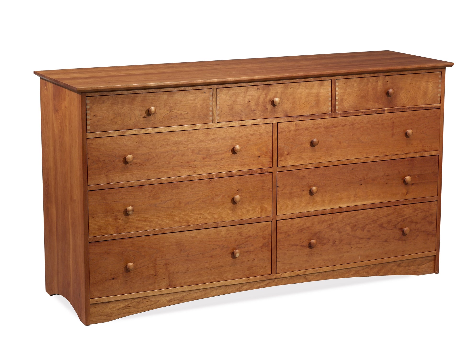 A wooden nine-drawer dresser with a warm Cherry finish and small round knobs, photographed on a plain white background.