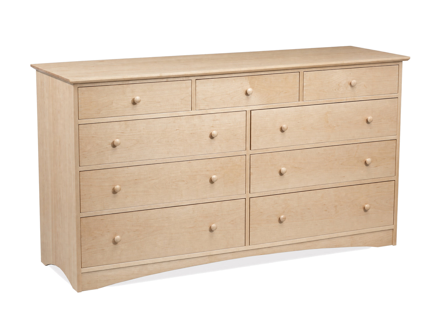A wooden nine-drawer dresser with a light Maple finish and small round knobs, photographed on a plain white background.