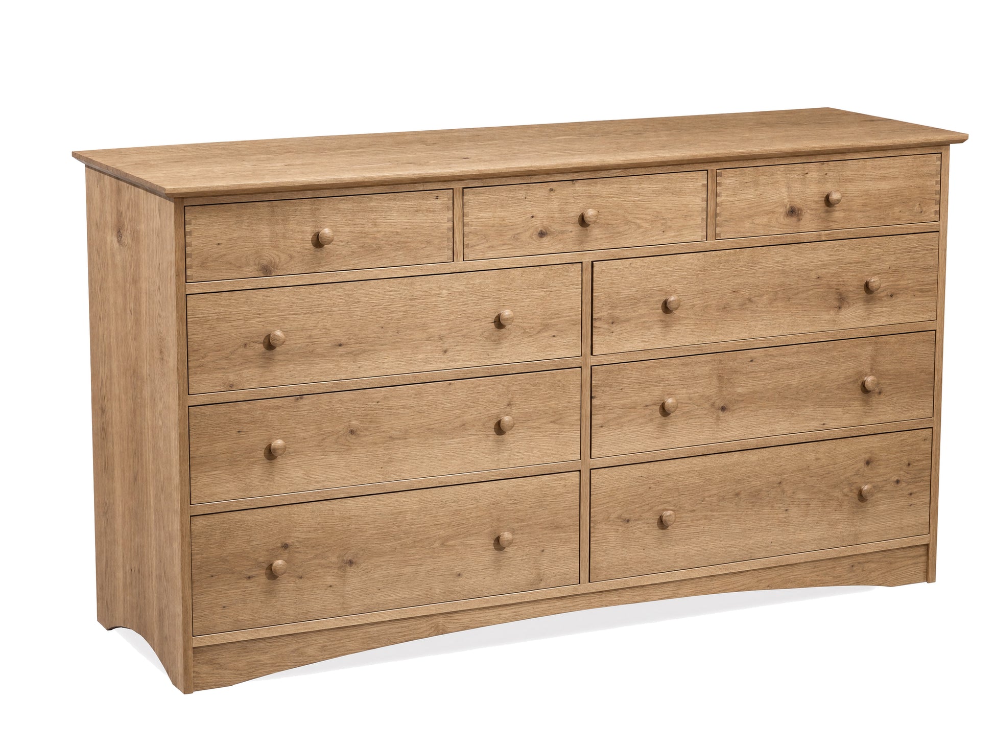 A wooden nine-drawer dresser with an Oak finish and small round knobs, photographed on a plain white background.