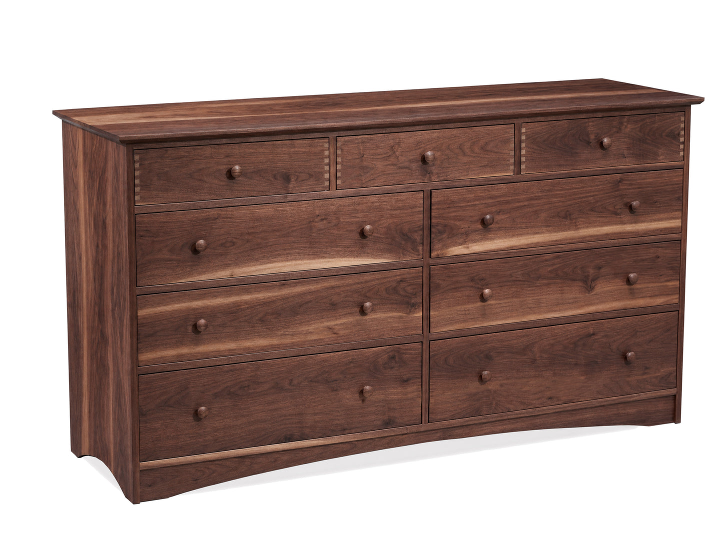 A wooden nine-drawer dresser with a dark Walnut finish and small round knobs, photographed on a plain white background.