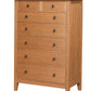 Tall classic 7 drawer dresser in a Cherry finish and metal square knobs on a white background.