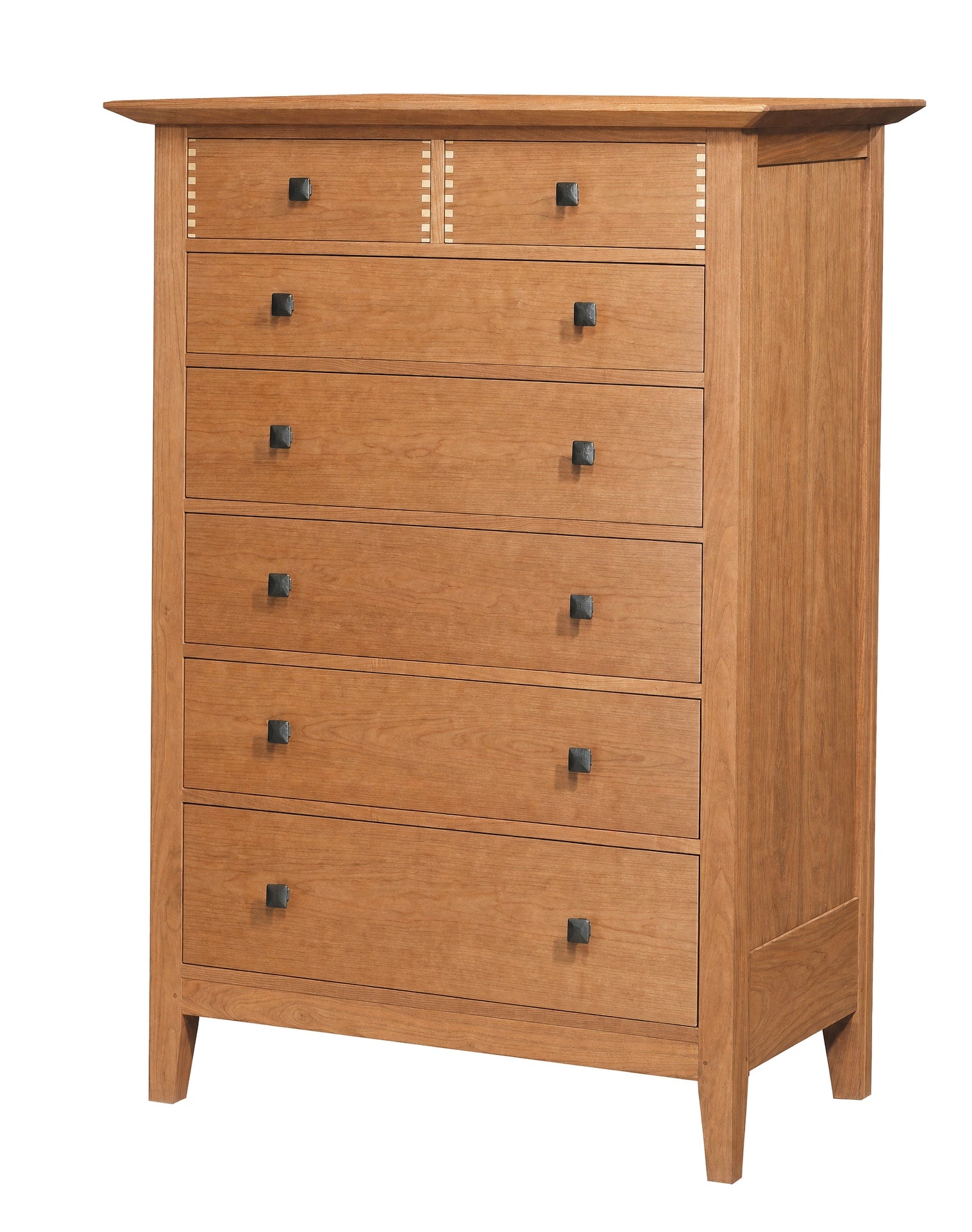 Tall classic 7 drawer dresser in a Cherry finish and metal square knobs on a white background.