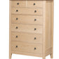 Tall classic 7 drawer dresser in a Maple finish and metal square knobs on a white background.