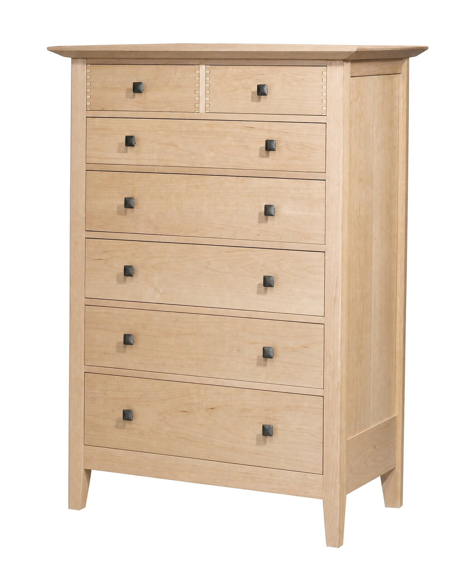 Tall classic 7 drawer dresser in a Maple finish and metal square knobs on a white background.