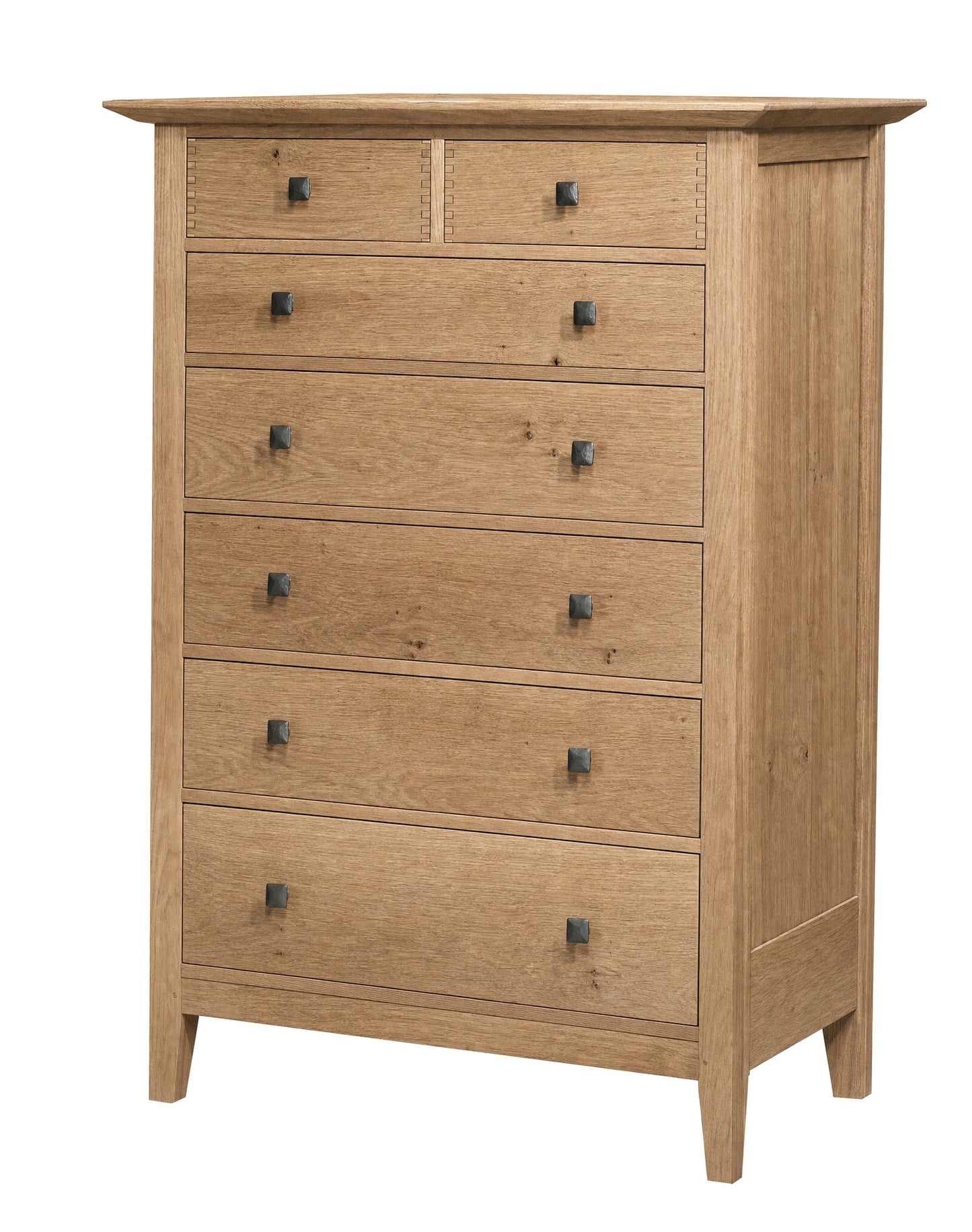 Tall classic 7 drawer dresser in an Oak finish and metal square knobs on a white background.