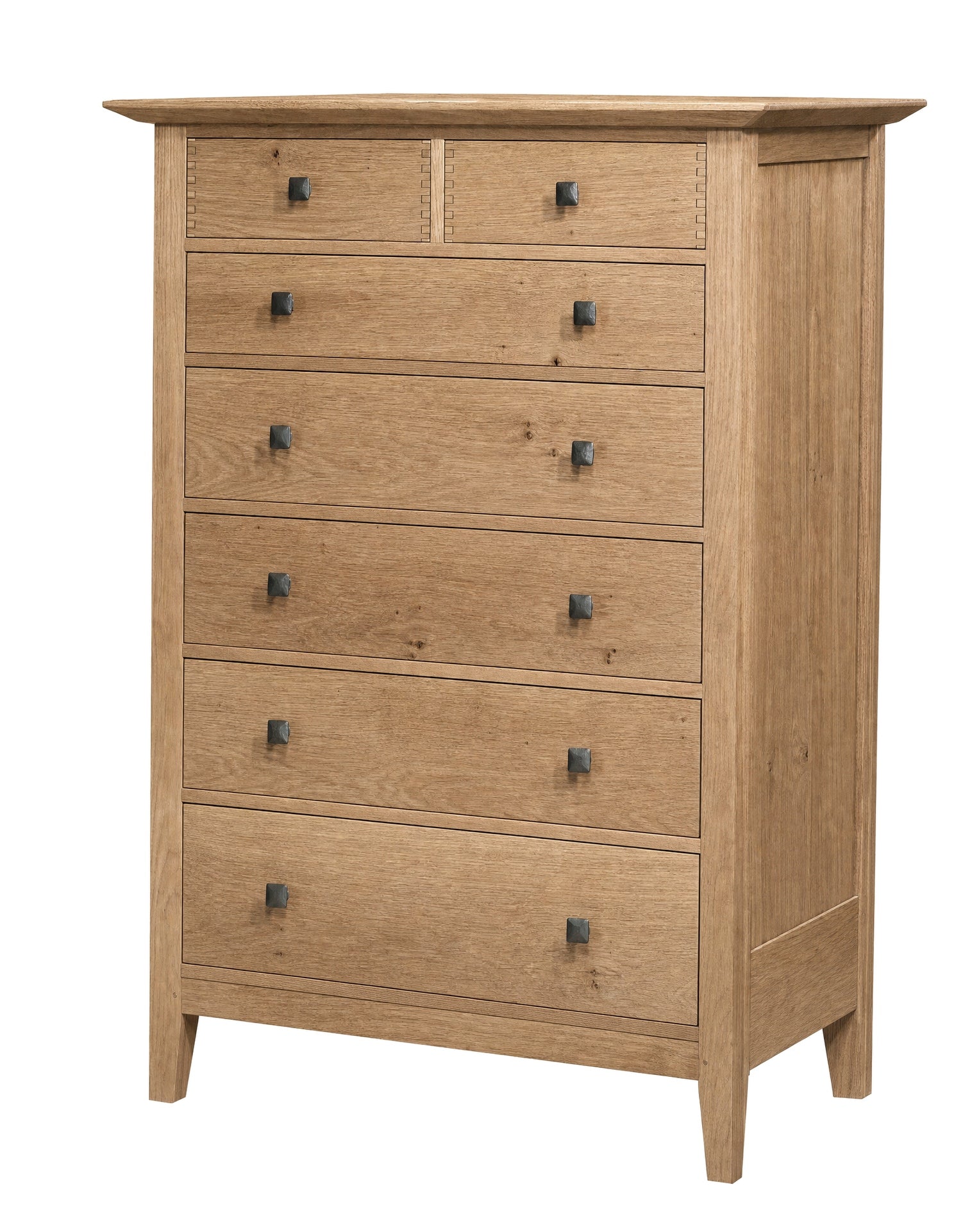 Tall classic 7 drawer dresser in an Oak finish and metal square knobs on a white background.