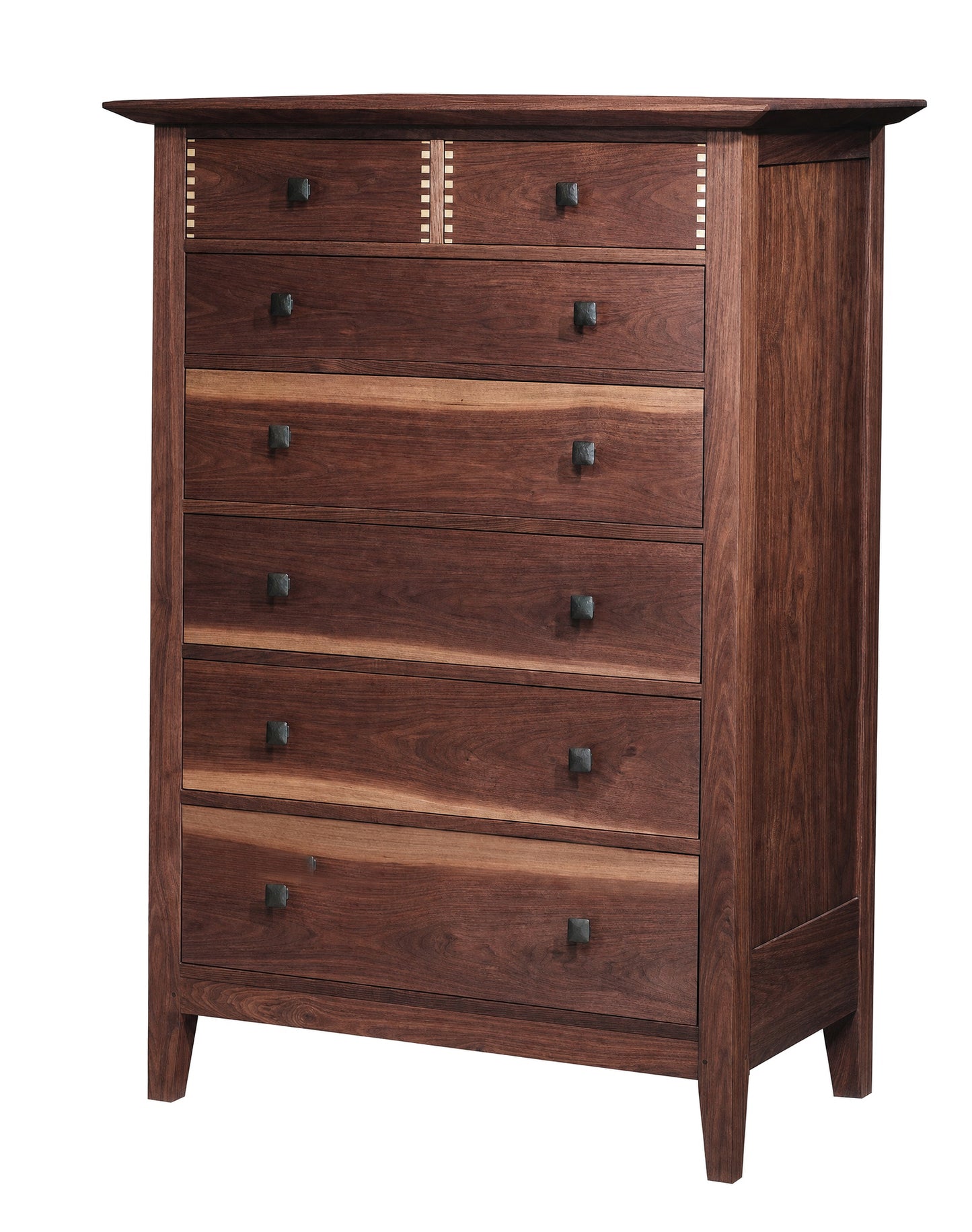 Tall classic 7 drawer dresser in a dark Walnut finish and metal square knobs on a white background.