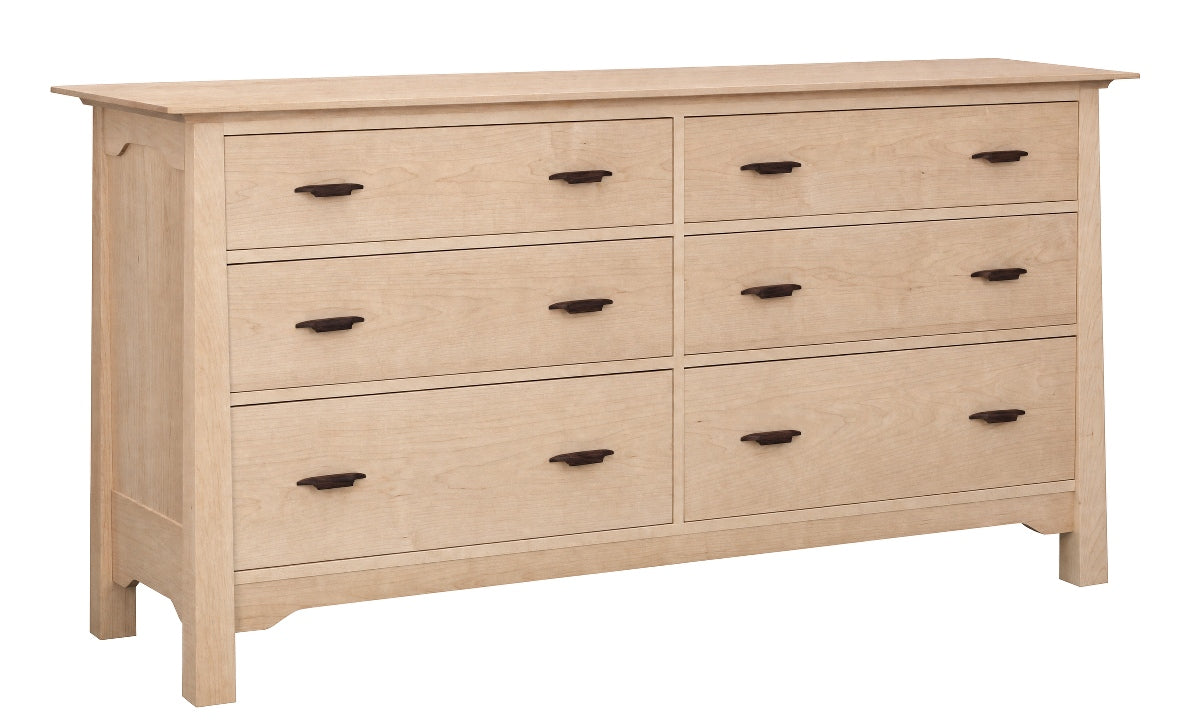 A six-drawer wooden dresser with a light Maple finish and dark wood drawer pulls, shown on a plain white background.