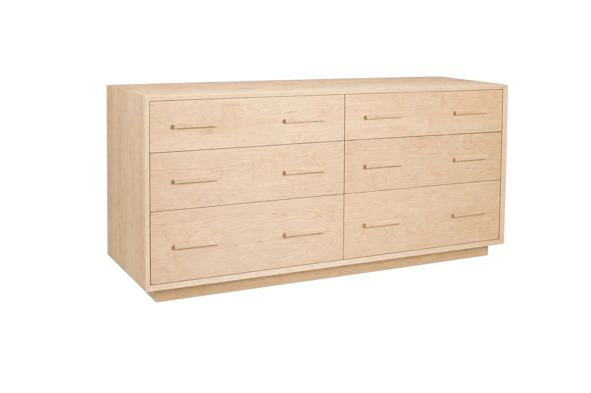 A six-drawer wooden dresser with a light Maple finish and matching wood handles, shown from a three-quarter angle on a white background.