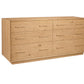 A six-drawer wooden dresser with an Oak finish and matching wood handles, shown from a three-quarter angle on a white background.