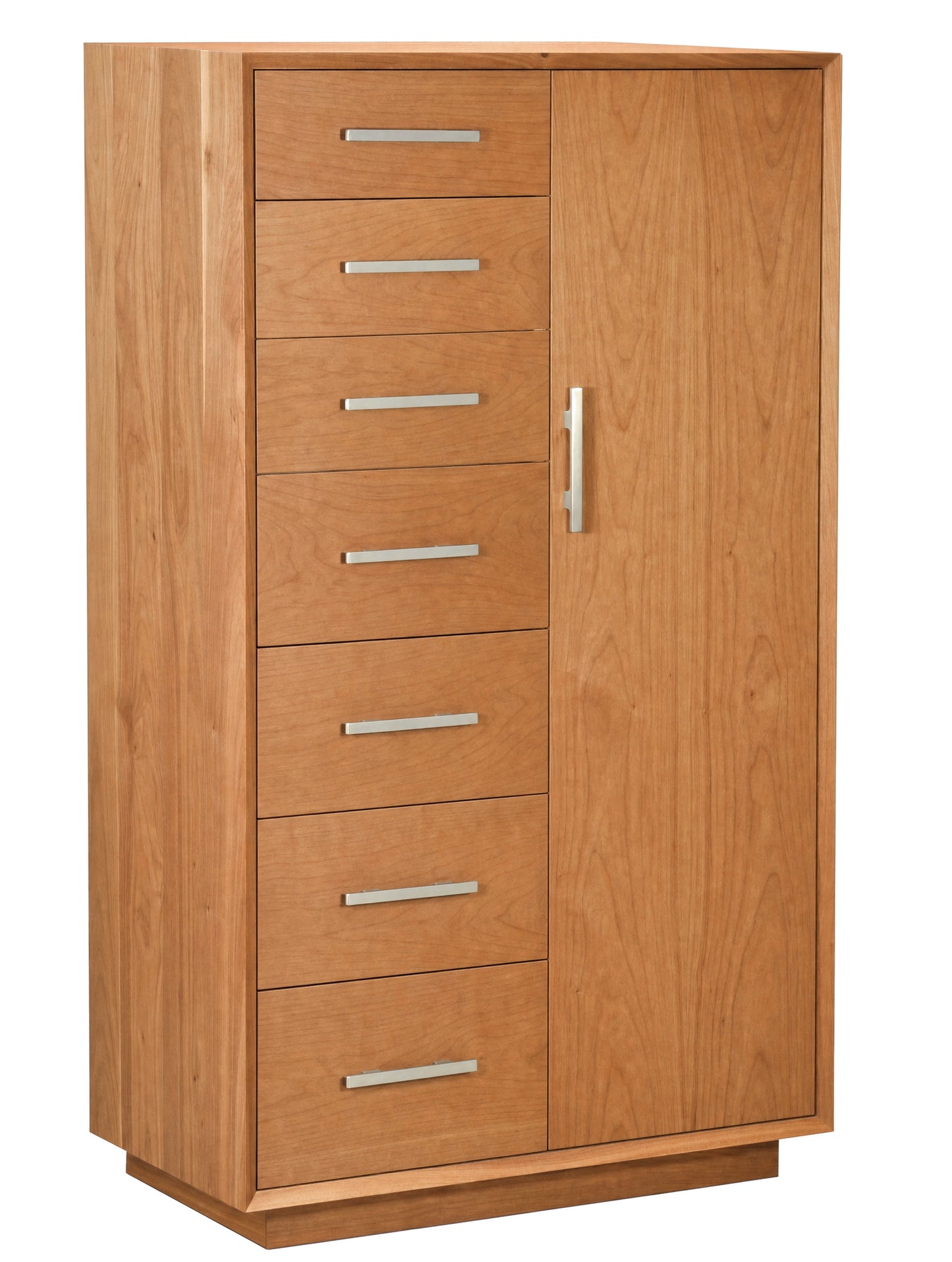 A tall wooden storage cabinet with seven drawers on the left and a single door on the right, finished in a light Cherry wood tone with silver metal handles.