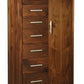 A tall wooden storage cabinet with seven drawers on the left and a single door on the right, finished in a dark Walnut wood tone with silver metal handles.