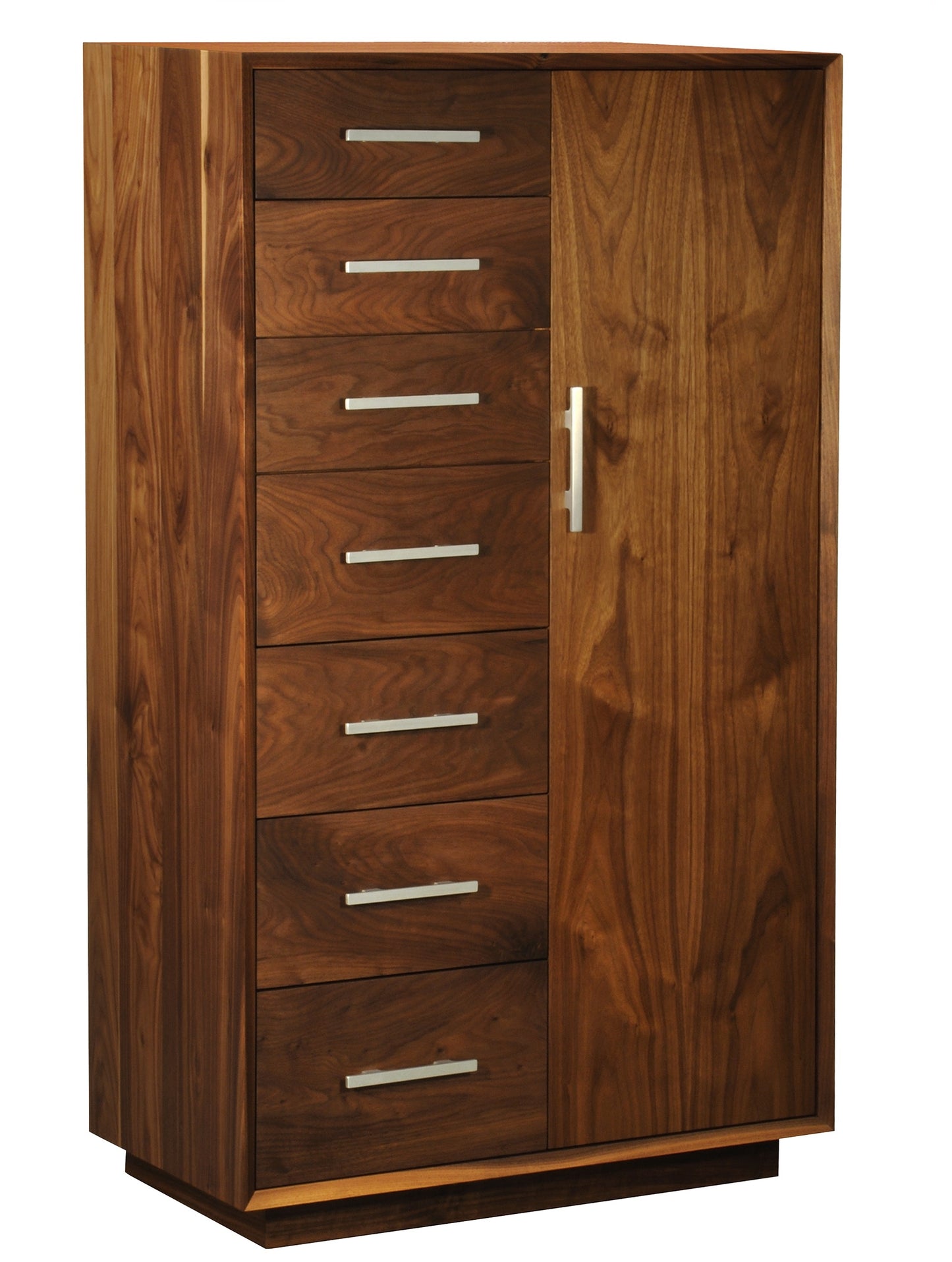 A tall wooden storage cabinet with seven drawers on the left and a single door on the right, finished in a dark Walnut wood tone with silver metal handles.